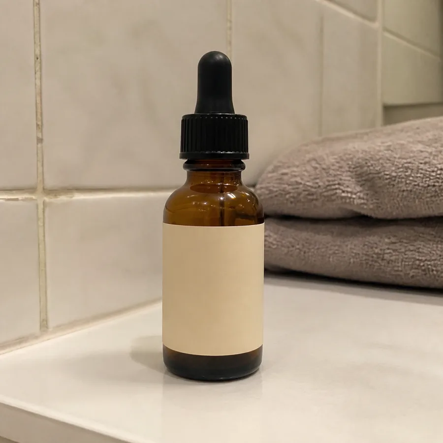 Frasco ámbar de sérum con gotero negro y etiqueta crema fotografiado junto a toallas en un baño.