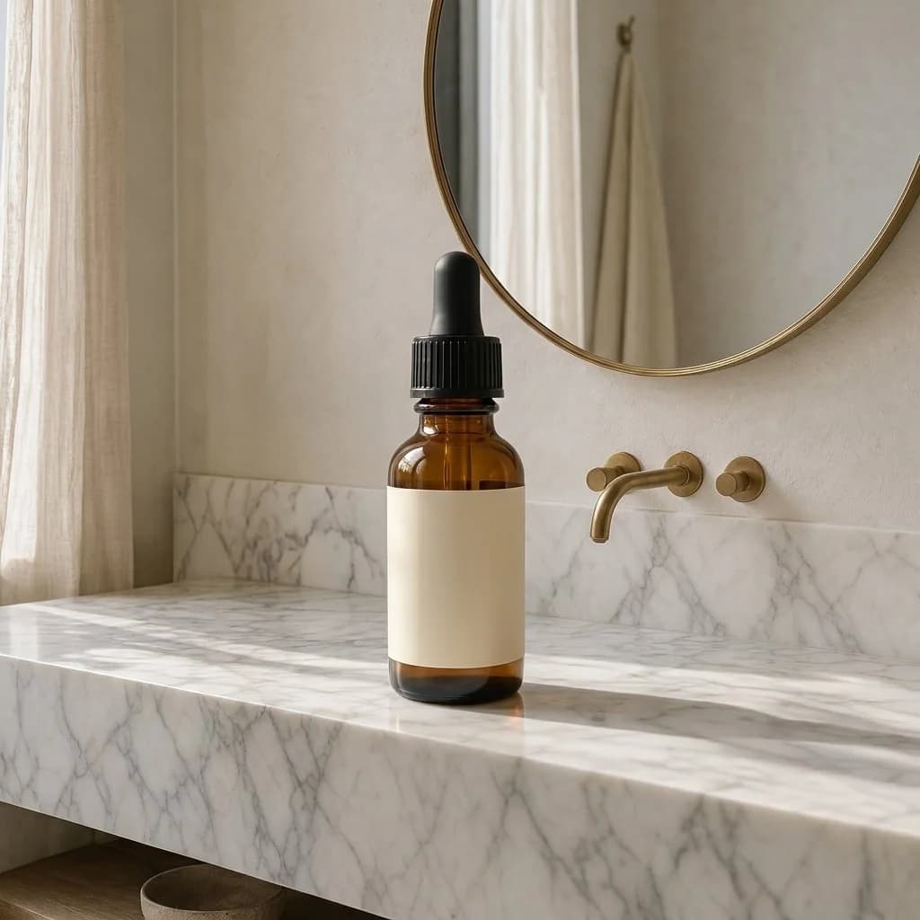 Frasco ámbar de sérum con gotero negro y etiqueta crema sobre una mesada de mármol iluminada por una ventana.
