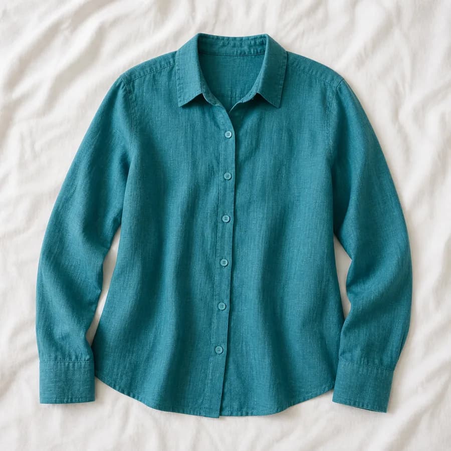 Blusa verde azulado extendida sobre una superficie clara, con cuello, mangas, seis botones y ruedo completos a la vista.