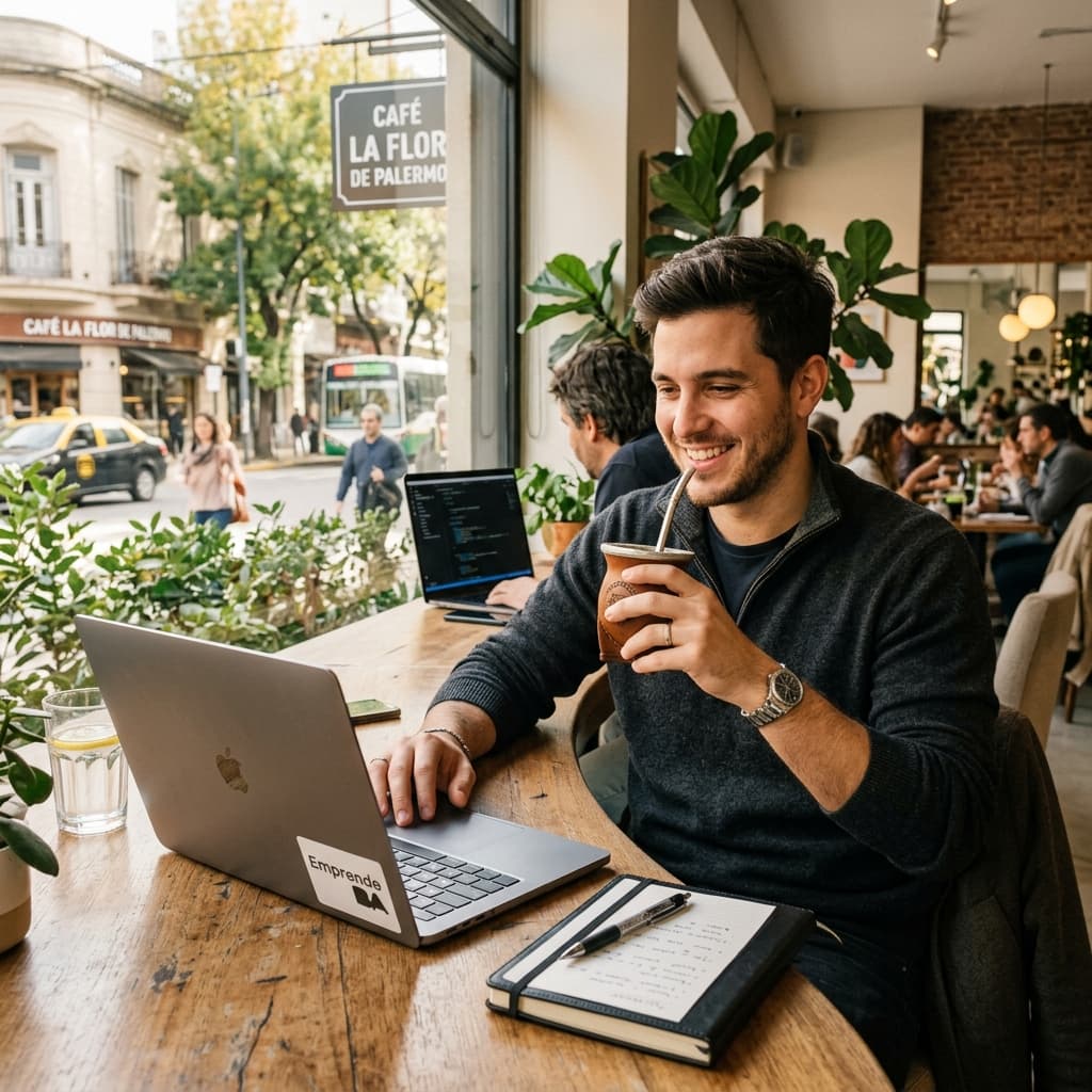 Emprendedor argentino mate trabajando confiado y sin planillas de excel